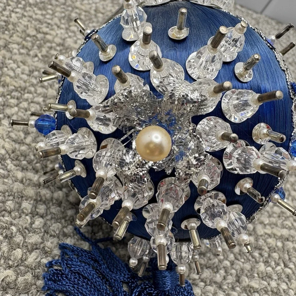 Vtg Silky Blue Christmas Ornament ‎ Pin Satin Beaded With Tassel Unique